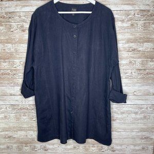 Eileen Fisher Dark Denim Blue 100% Linen XL Blouse Button Up